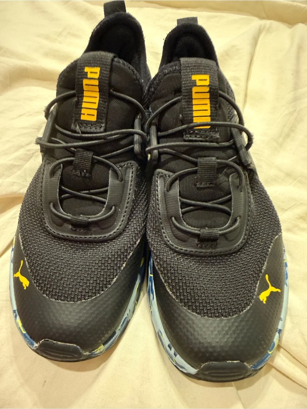 Puma Boys Black Athletic Sneakers Blue Camo Sole Shoes Size 2C Youth